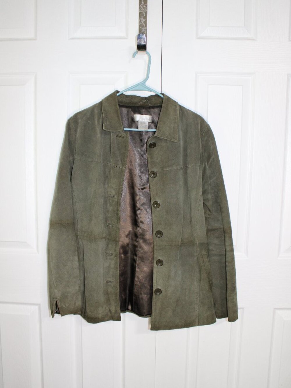 Vintage Spiegel Womens Olive Green Button Front Leather Coat